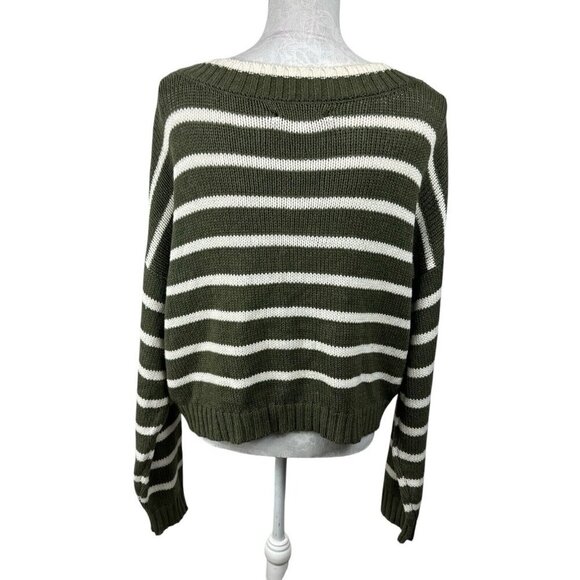 American Eagle Women's L Boxy Fit Sweater Olive Creme Striped - Picture 2 of 13